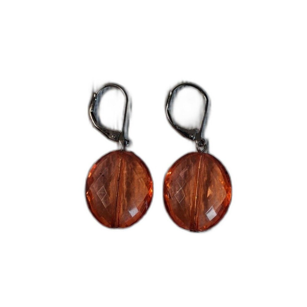 Transparent Orange Faceted Oval Acrylic Bead Lightweight Dangle Drop Earrings